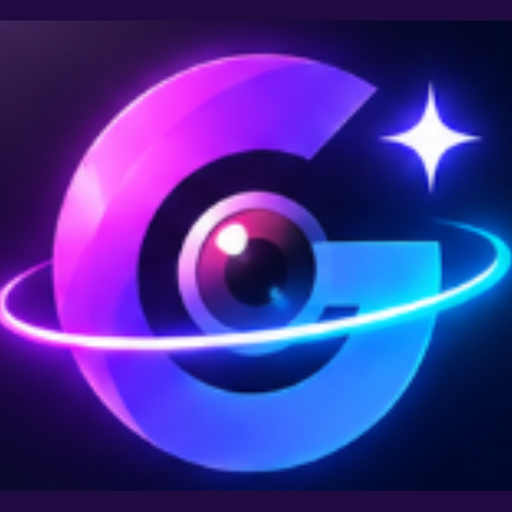 GlowSpinr app icon: a glowing G with a camera lens and orbit ring